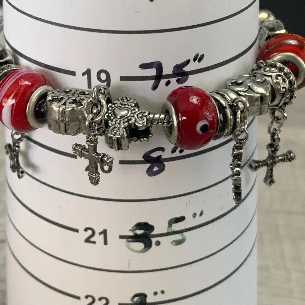 Red Evil Eye Cross Charm Bracelet Silver Tone Glass Bead Religious 7.5-8 Inch